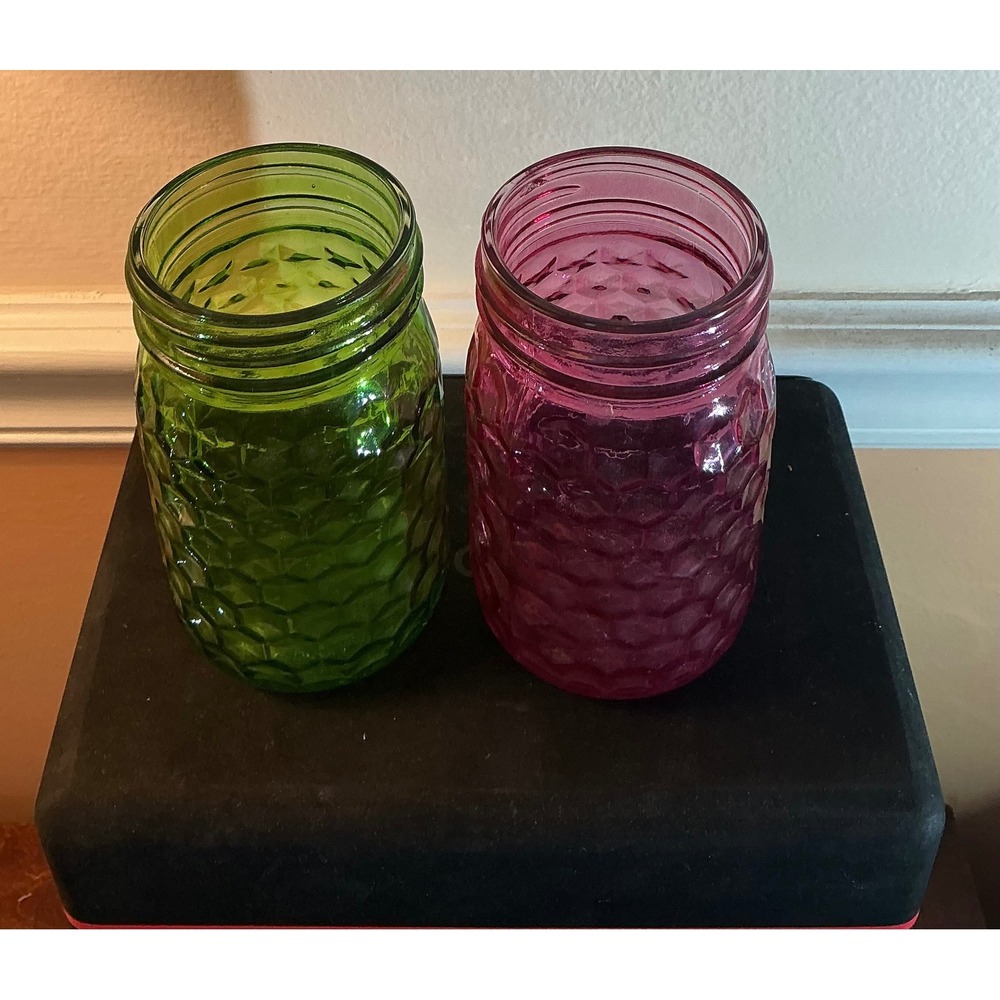 Set of 2 Honeycomb Textured Glass Jars Green and Pink Decorative Mason Jars 5in
